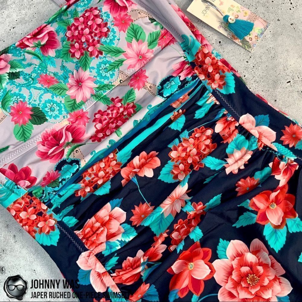 JOHNNY WAS JAPER RUCHED ONE PIECE SWIMSUIT IN FLORAL BLUE RED SMALL, LARGE NEW - Picture 3 of 16